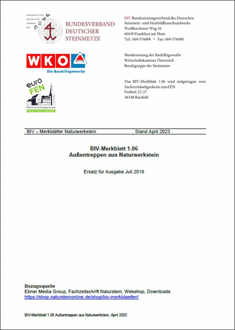 Produkt: BIV-Merkblatt 1.06: Außentreppen aus Naturwerkstein (Stand: April 2023)