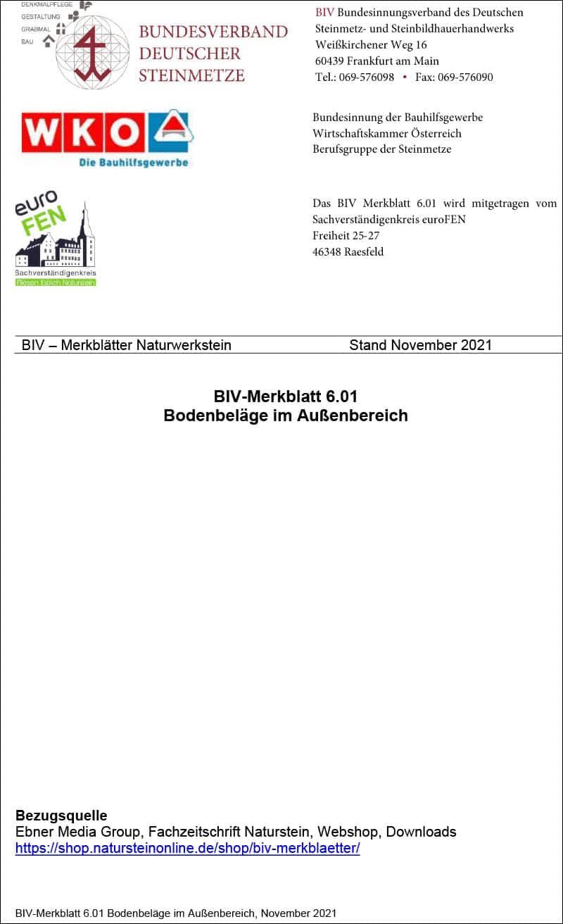 Produkt: BIV-Merkblatt Nr. 6.01 Bodenbeläge im Außenbereich (Stand: 2021)
