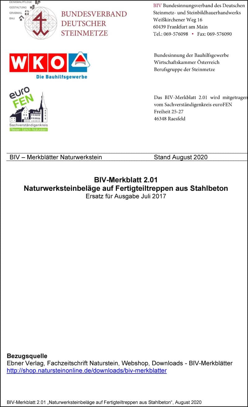 Produkt: BIV-Merkblatt 2.01: Naturwerksteinbeläge auf Fertigteiltreppen aus Stahlbeton (Stand: 2020)