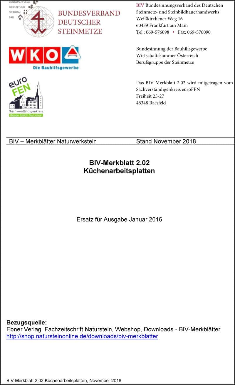 Produkt: BIV-Merkblatt 2.02 Küchenarbeitsplatten (Stand: 2018)