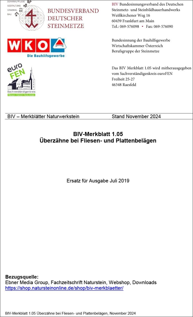 Produkt: BIV-Merkblatt Nr. 1.05 Überzähne bei Fliesen- und Plattenbelägen