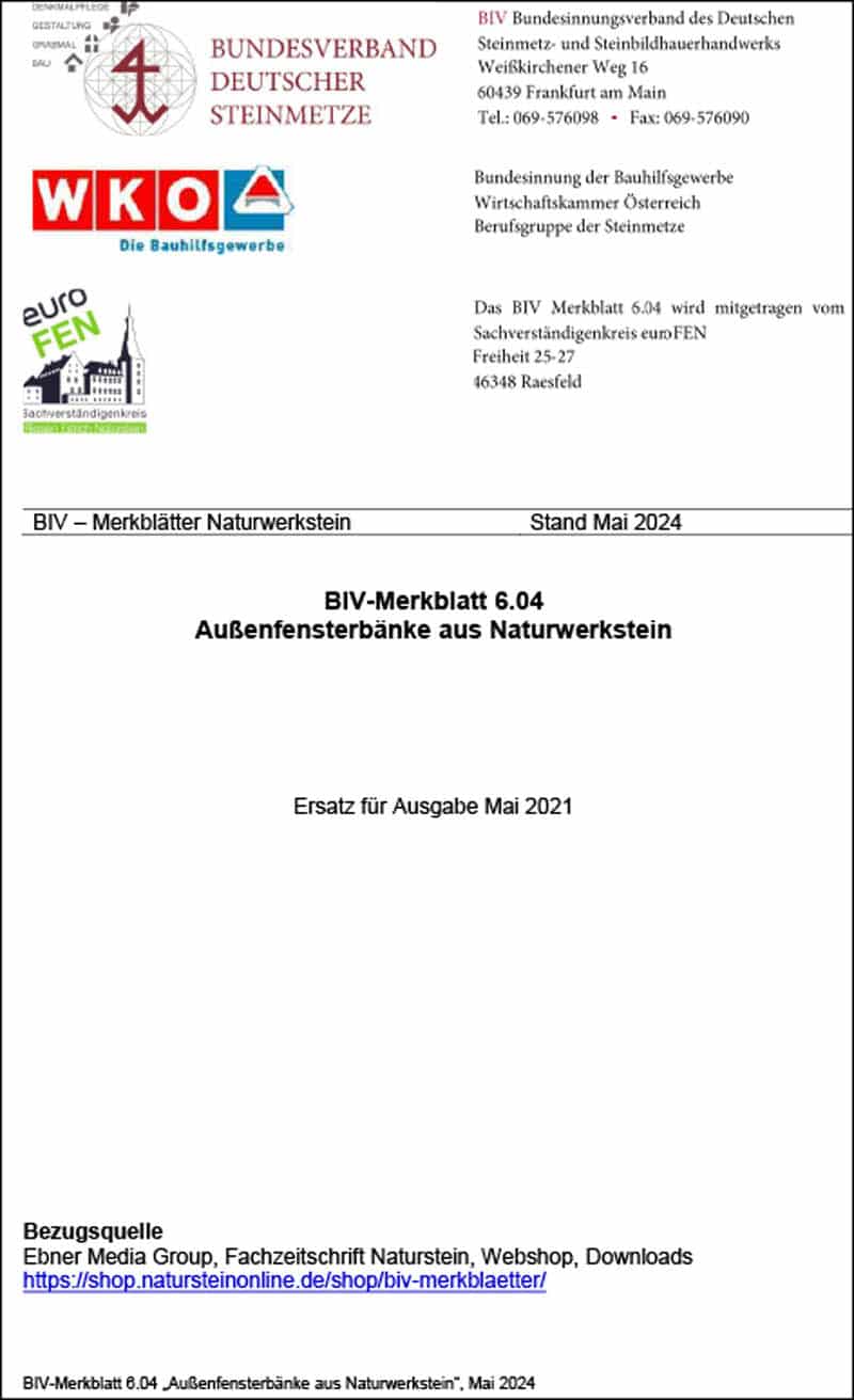 Produkt: BIV-Merkblatt 6.04 Außenfensterbänke aus Naturwerkstein