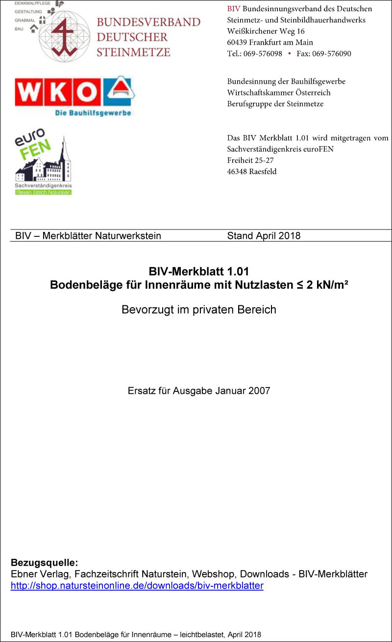 Produkt: BIV-Merkblatt Nr. 1.01 Bodenbeläge für Innenräume, leicht belastbar