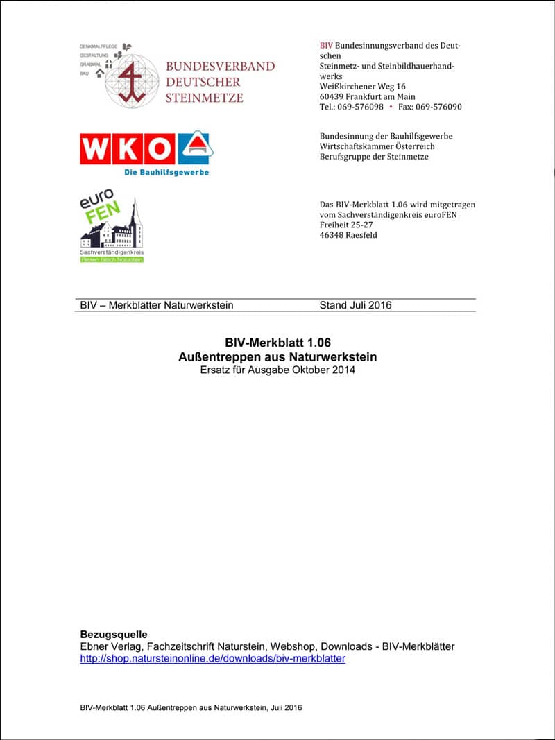 Produkt: BIV-Merkblatt 1.06: Außentreppen aus Naturwerkstein (Stand: Juli 2016)