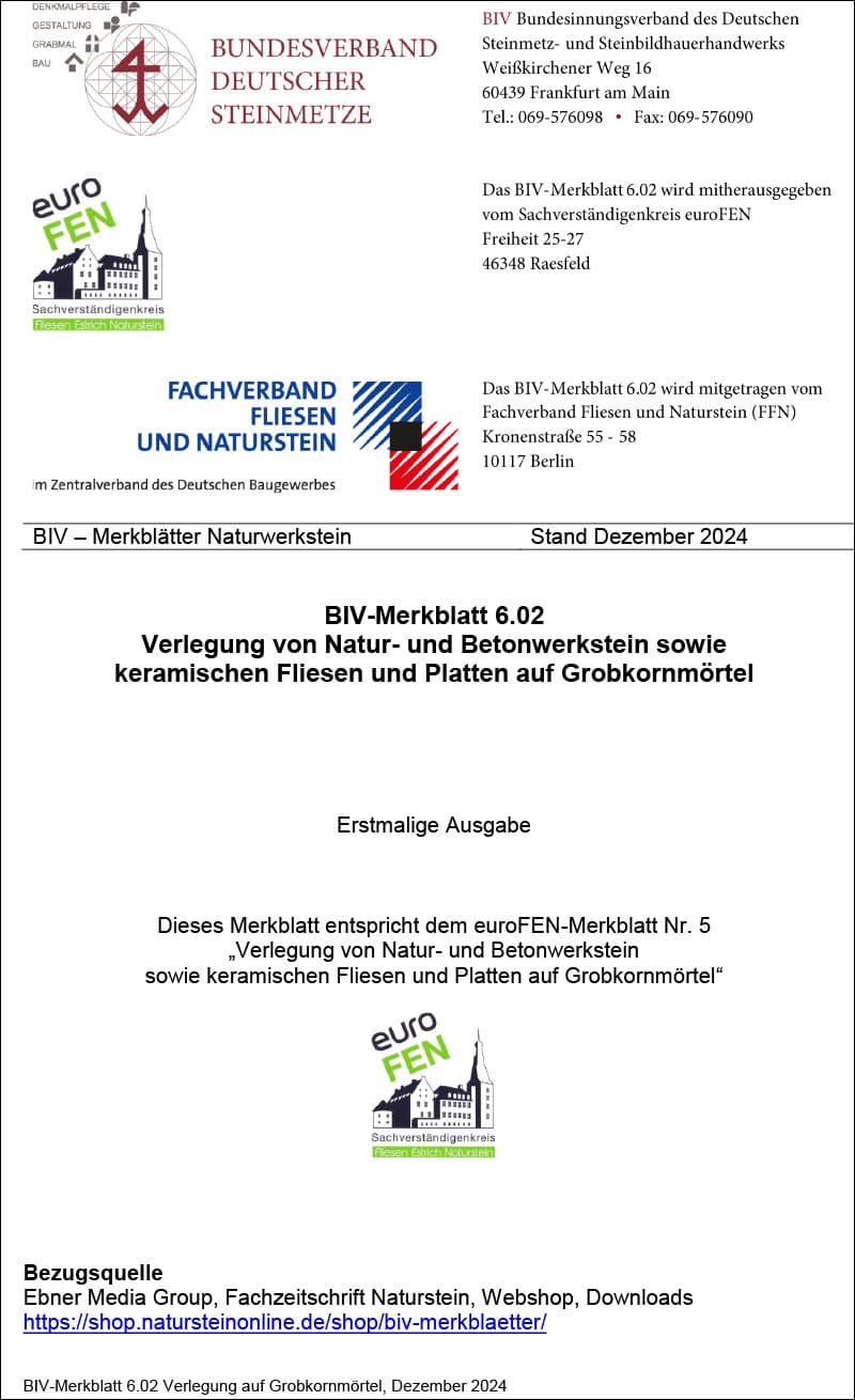 Produkt: BIV-Merkblatt 6.02 Verlegung von Natur- und Betonwerkstein sowie keramischen Fliesen und Platten auf Grobkornmörtel