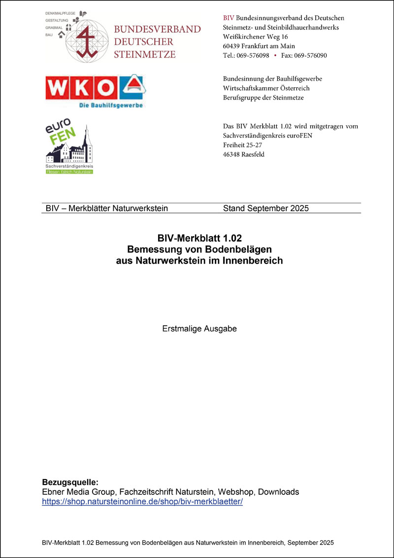 Produkt: BIV-Merkblatt 1.02 Bemessen von Bodenbelägen aus Naturwerkstein im Innenbereich
