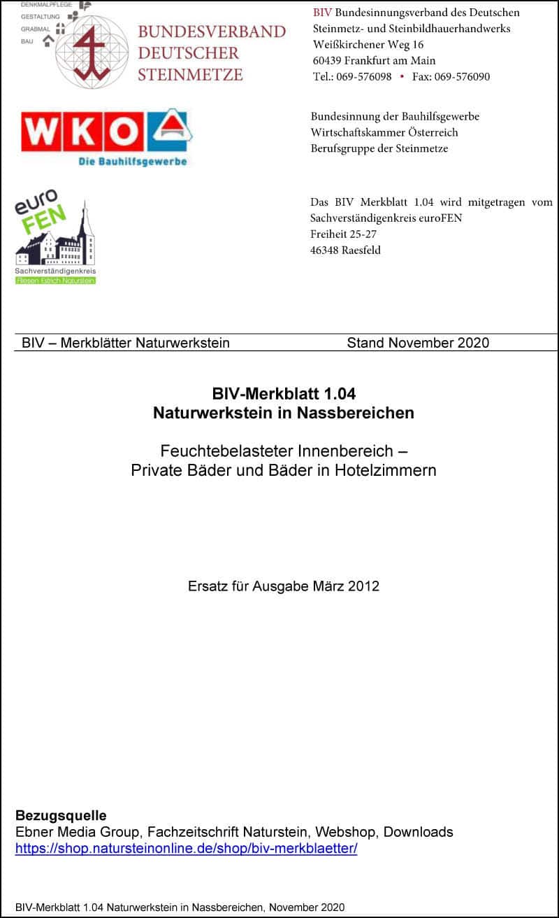 Produkt: BIV-Merkblatt Nr. 1.04 Naturwerkstein in Nassbereichen