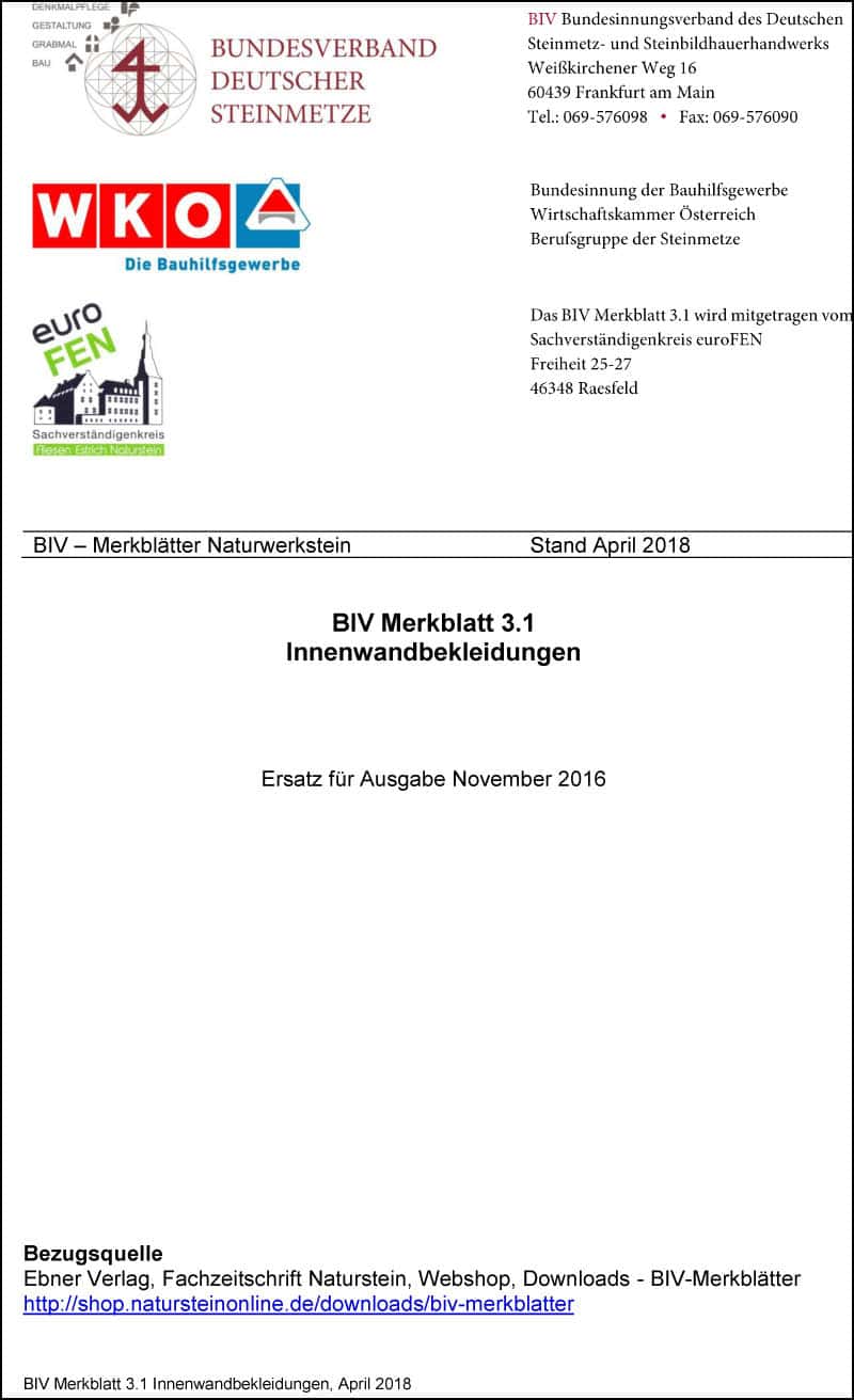 Produkt: BIV-Merkblatt 3.1 Innenwandbekleidungen (Stand: 2018)