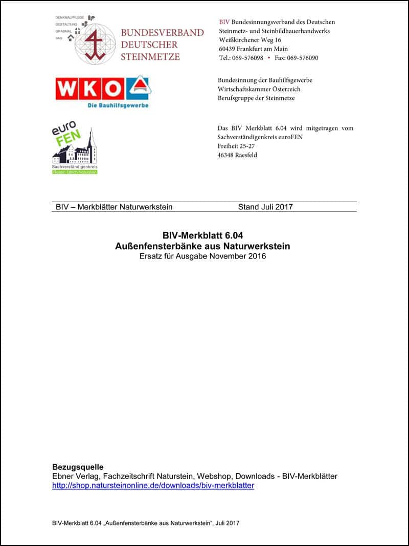 Produkt: BIV-Merkblatt 6.04: Außenfensterbänke aus Naturwerkstein (Stand: 2017)