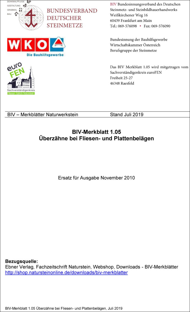 Produkt: BIV-Merkblatt Nr. 1.05 Beurteilung von Überzähnen in Fliesen- und Plattenbelägen