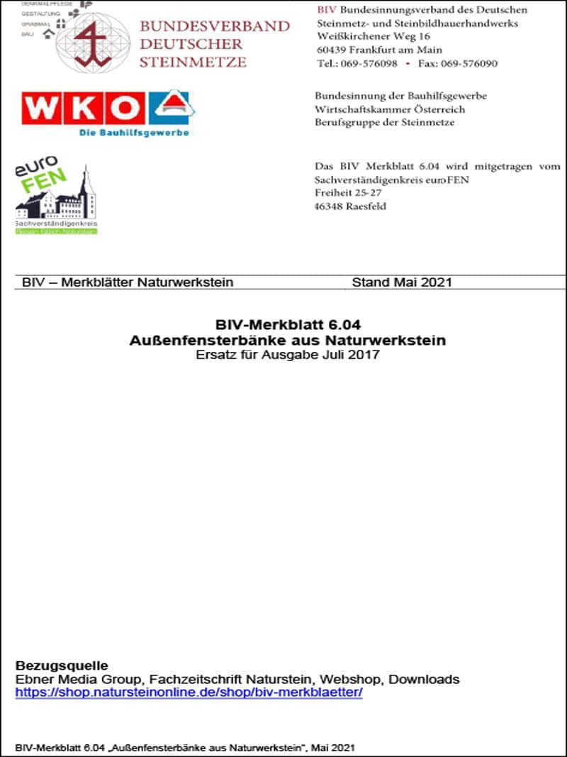 Produkt: BIV-Merkblatt 6.04 Außenfensterbänke aus Naturwerkstein (Stand: 2021)