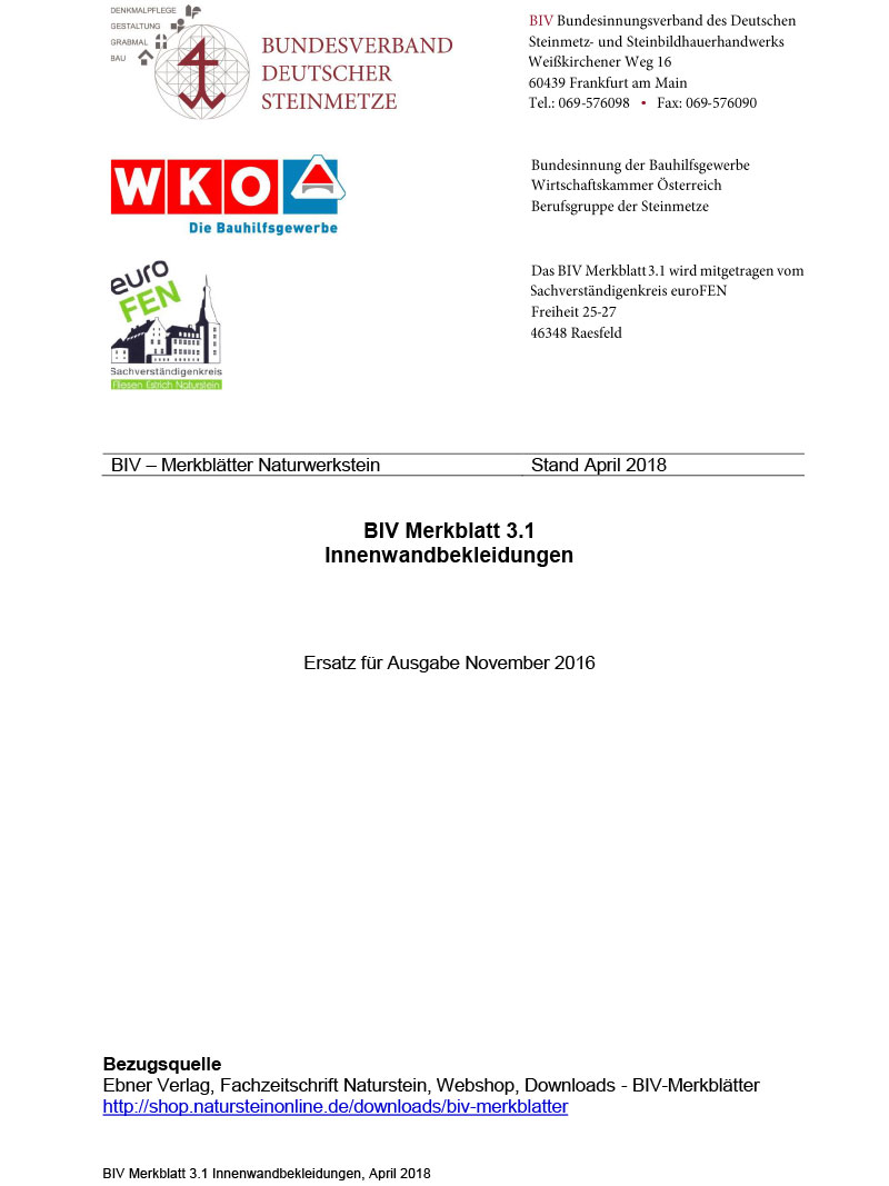 Produkt: BIV-Merkblatt 3.1 Innenwandbekleidungen (Stand: 2018)