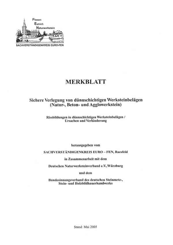Produkt: euroFEN-Merkblatt Verlegung von dünnschichtigen Werksteinbelägen