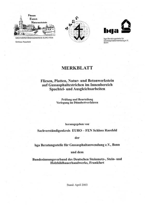 Produkt: euroFEN-Merkblatt Fliesen, Platten, Natur- und Betonwerkstein auf Gussasphaltestrichen im Innenbereich