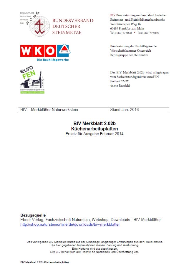 Produkt: BIV-Merkblatt 2.02 b Küchenarbeitsplatten (Stand: 2016)