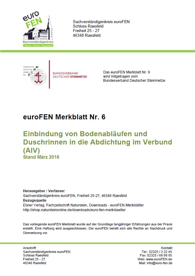 Produkt: euroFEN Merkblatt “Einbindung von Bodenabläufen und Duschrinnen in die Abdichtung im Verbund (AIV)”