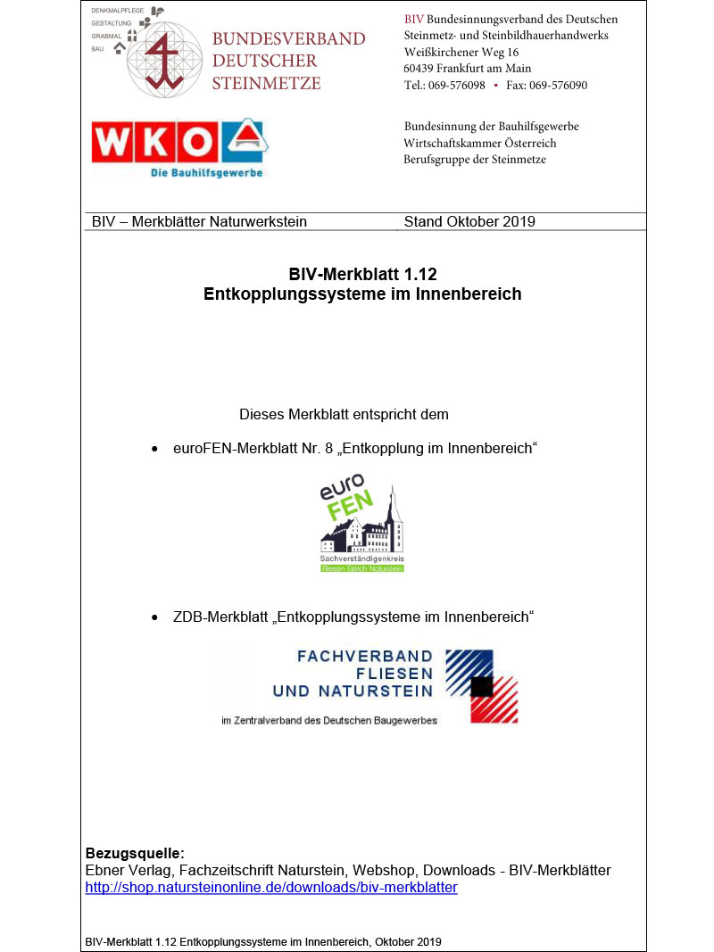 Produkt: BIV-Merkblatt 1.12 Entkopplungssysteme im Innenbereich