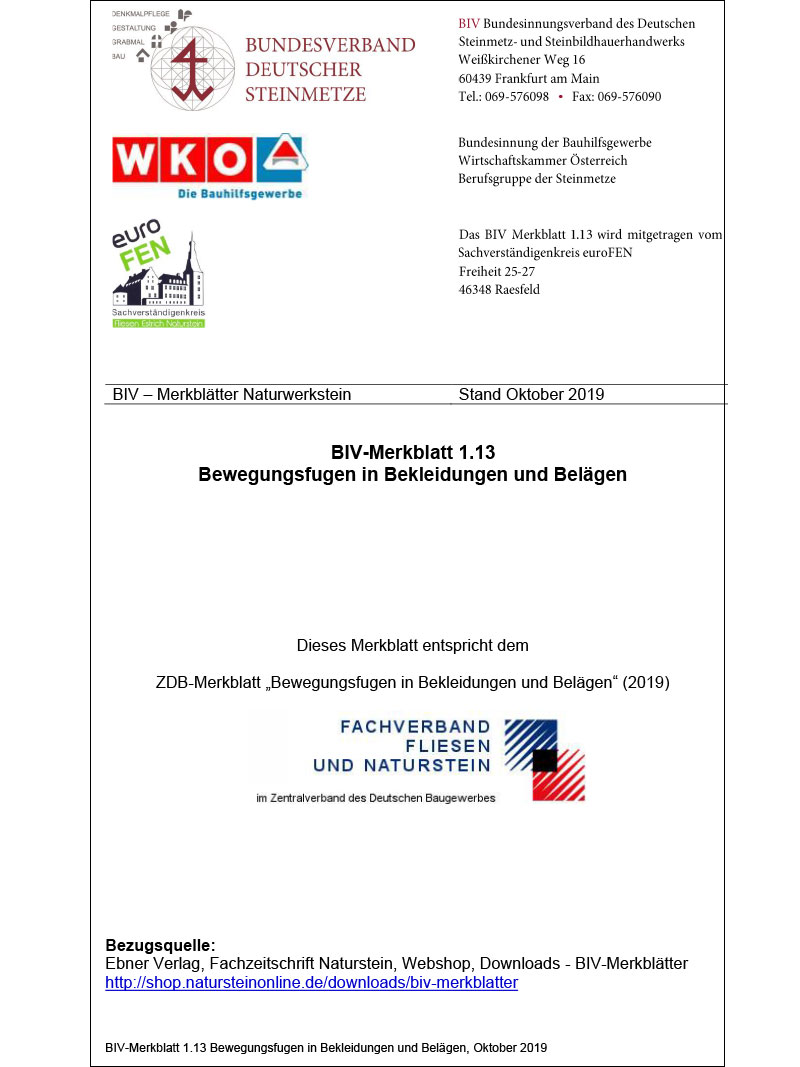Produkt: BIV-Merkblatt 1.13 Bewegungsfugen in Bekleidungen und Belägen