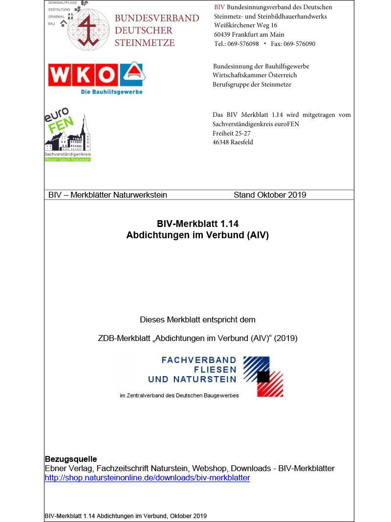 Produkt: BIV-Merkblatt 1.14 Abdichtungen im Verbund (AIV)